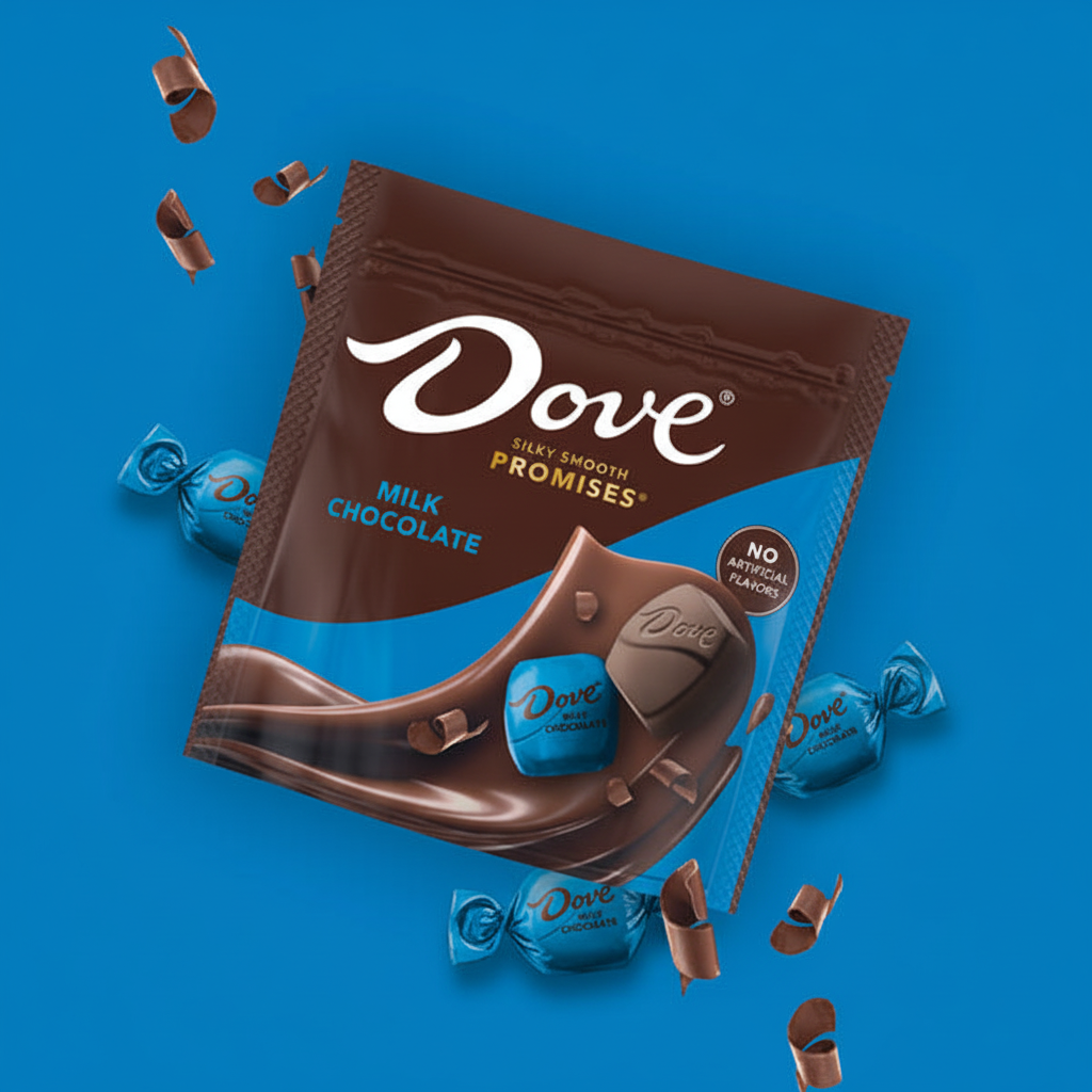 Dove Silky Smooth Promises Milk Chocolate 7.61 oz bag lifestyle shot sky blue background chocolate curls no artificial flavors