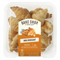 Bake Shop an ALDI original Mini Croissant Pastry 12 count 10oz clear clamshell tray with orange label, 90 calories per croissant and Rainforest Alliance certified