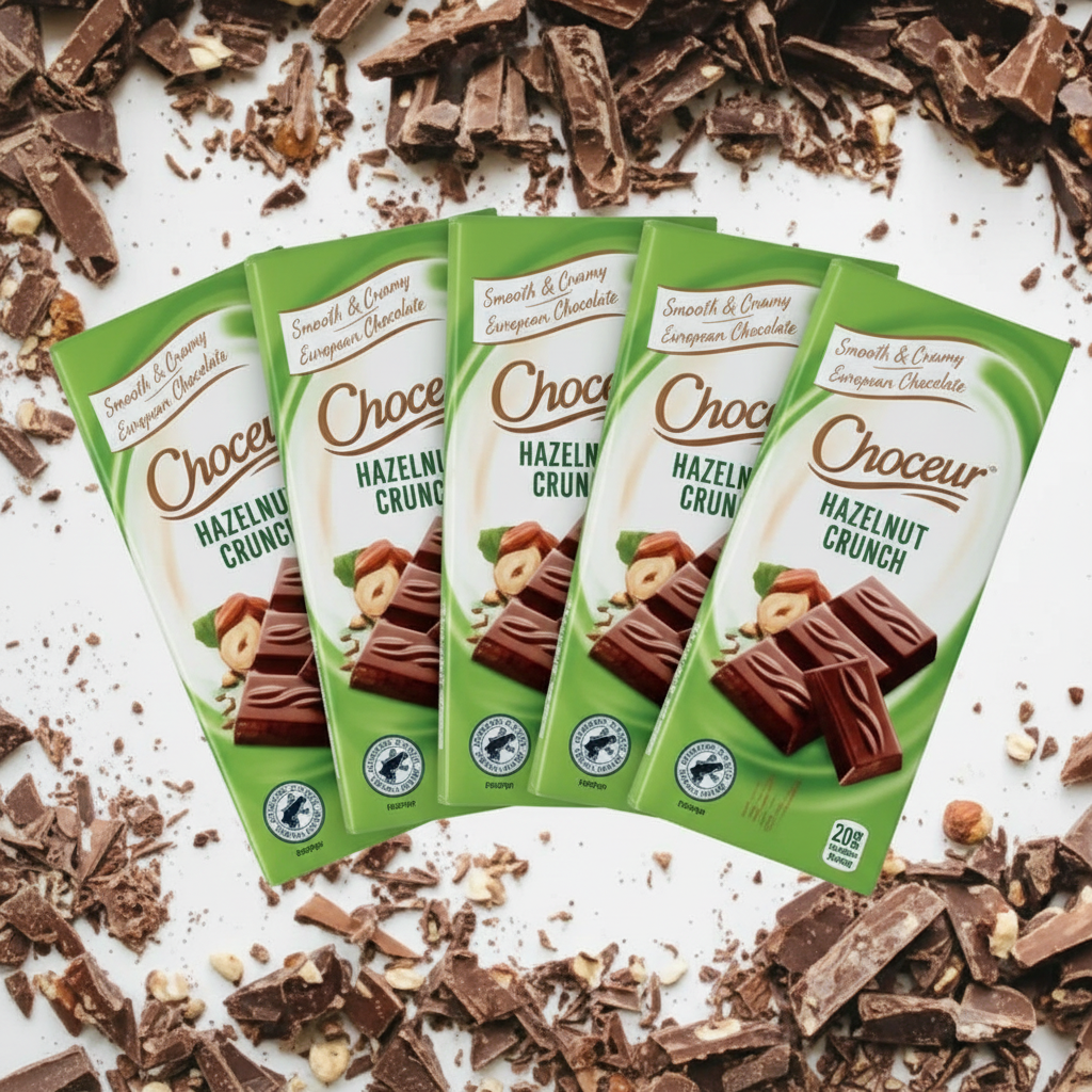 Choceur Hazelnut Crunch smooth creamy European chocolate bars 5-pack fan display 1.4 oz each whole roasted hazelnuts fine milk chocolate