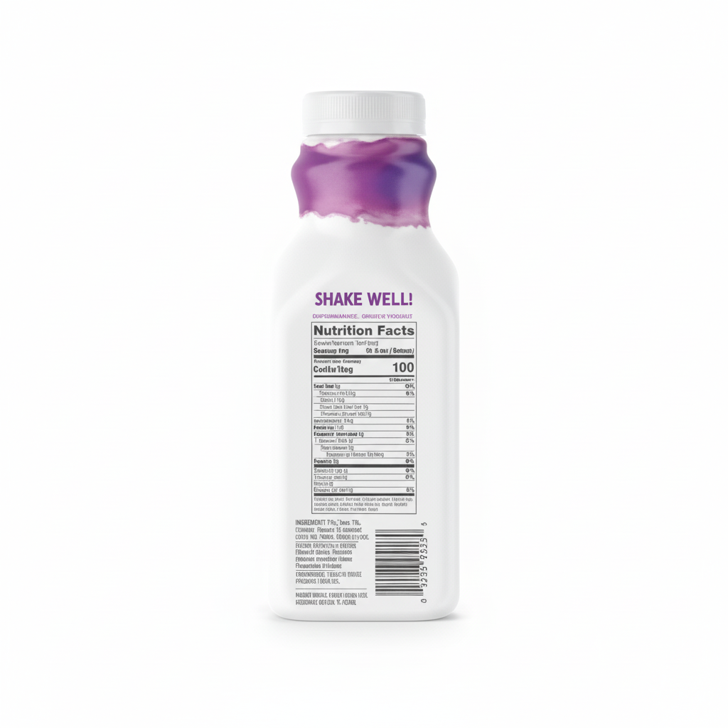 Pillars Drinkable Greek Yogurt Mixed Berry 12 fl oz bottle back view with nutrition facts and Shake Well text