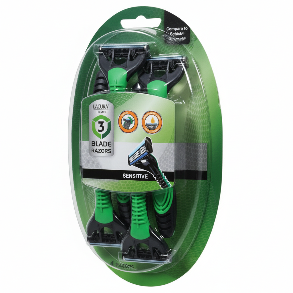 Lacura For Men Triple Blade Sensitive Disposable Razors 4-count green packaging studio shot