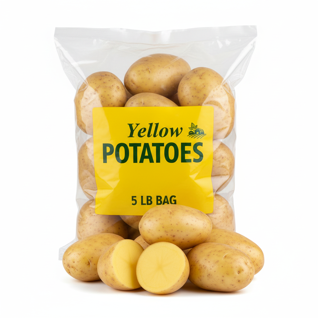 Yellow Potatoes 5 lb Clear Plastic Bag Fresh Golden Yellow Potatoes Sliced Open Showing Golden Flesh Farm Fresh Quality