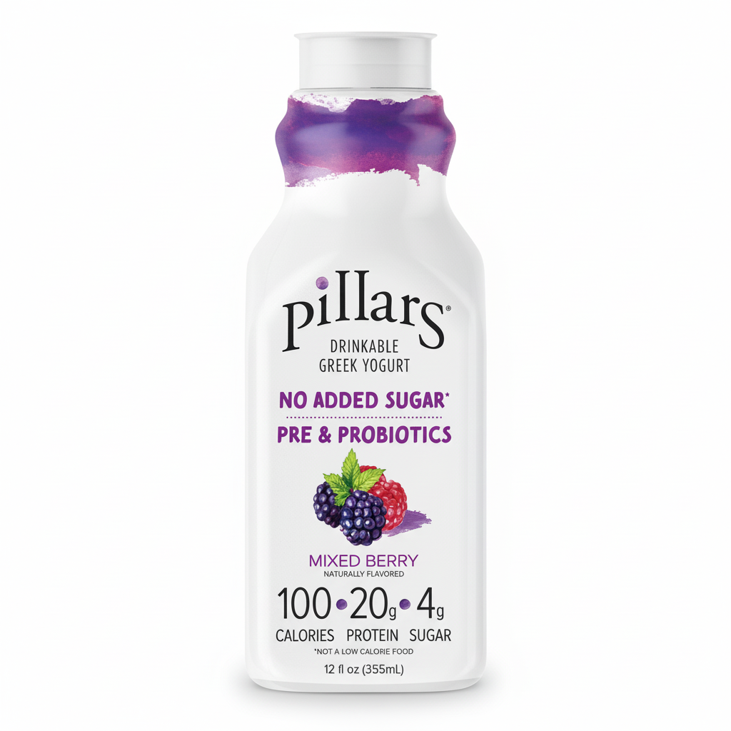 Pillars Drinkable Greek Yogurt Mixed Berry 12 fl oz white bottle with purple lid, No Added Sugar and Pre & Probiotics text, 20g protein