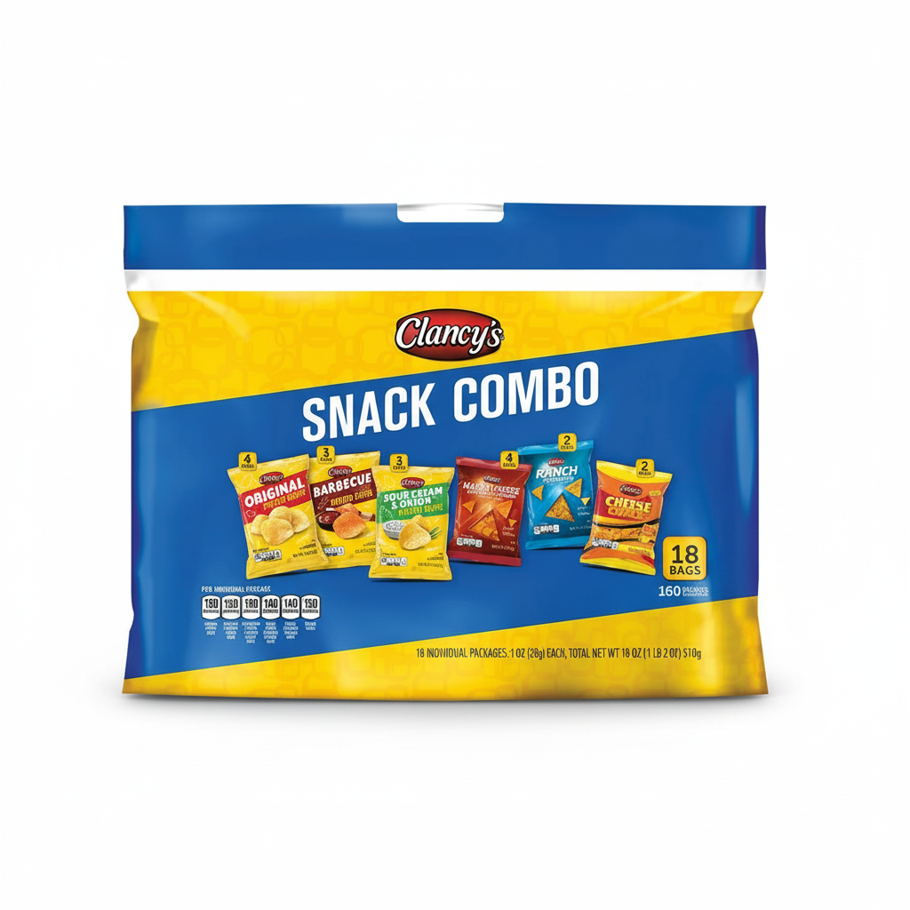 Clancy's Snack Combo 18-count full front view with all chip varieties