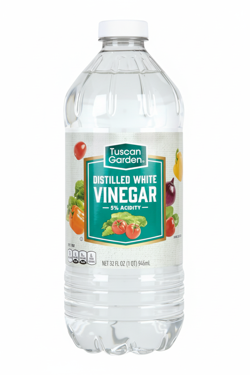 Tuscan Garden Distilled White Vinegar 32 fl oz Clear Plastic Bottle Teal Shield Label Fresh Vegetables 5% Acidity