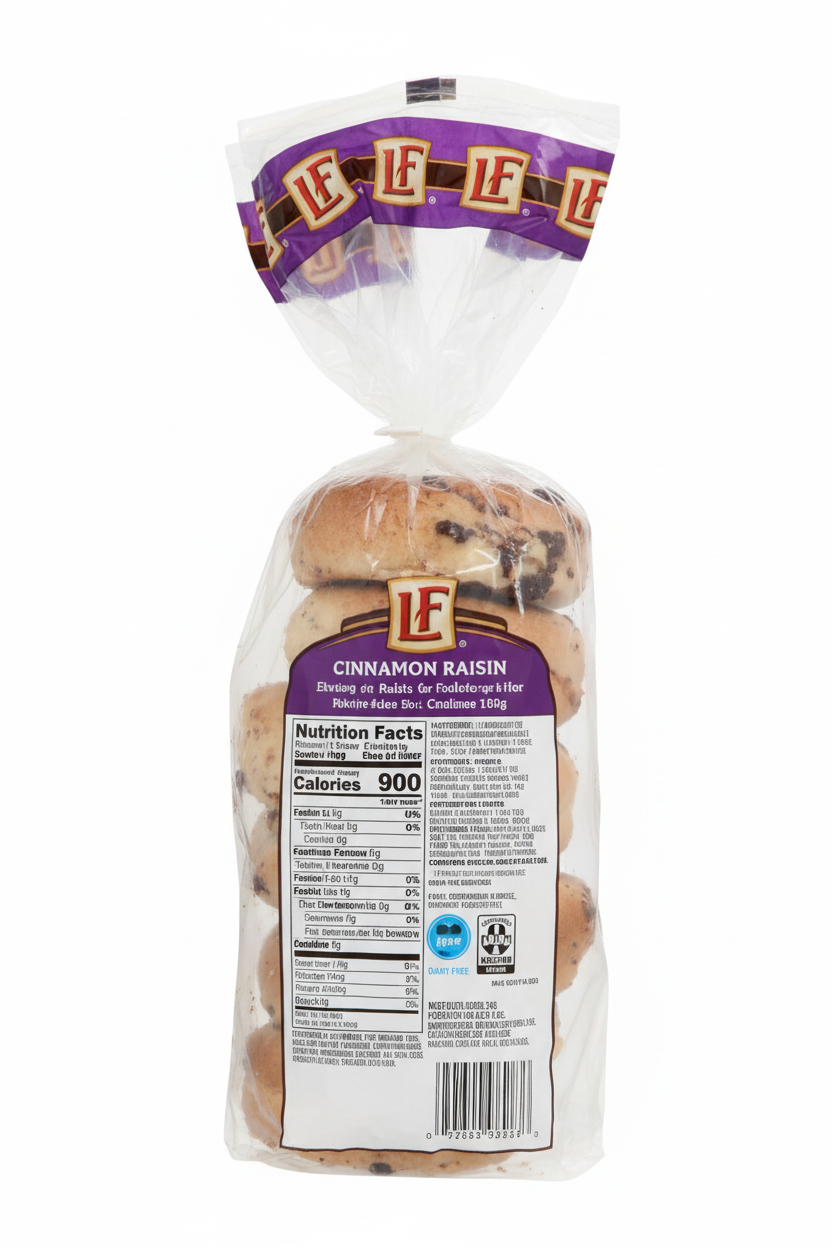 L'oven Fresh Cinnamon Raisin Bagels back panel with nutrition facts, ingredients, Dairy Free and Kosher badges