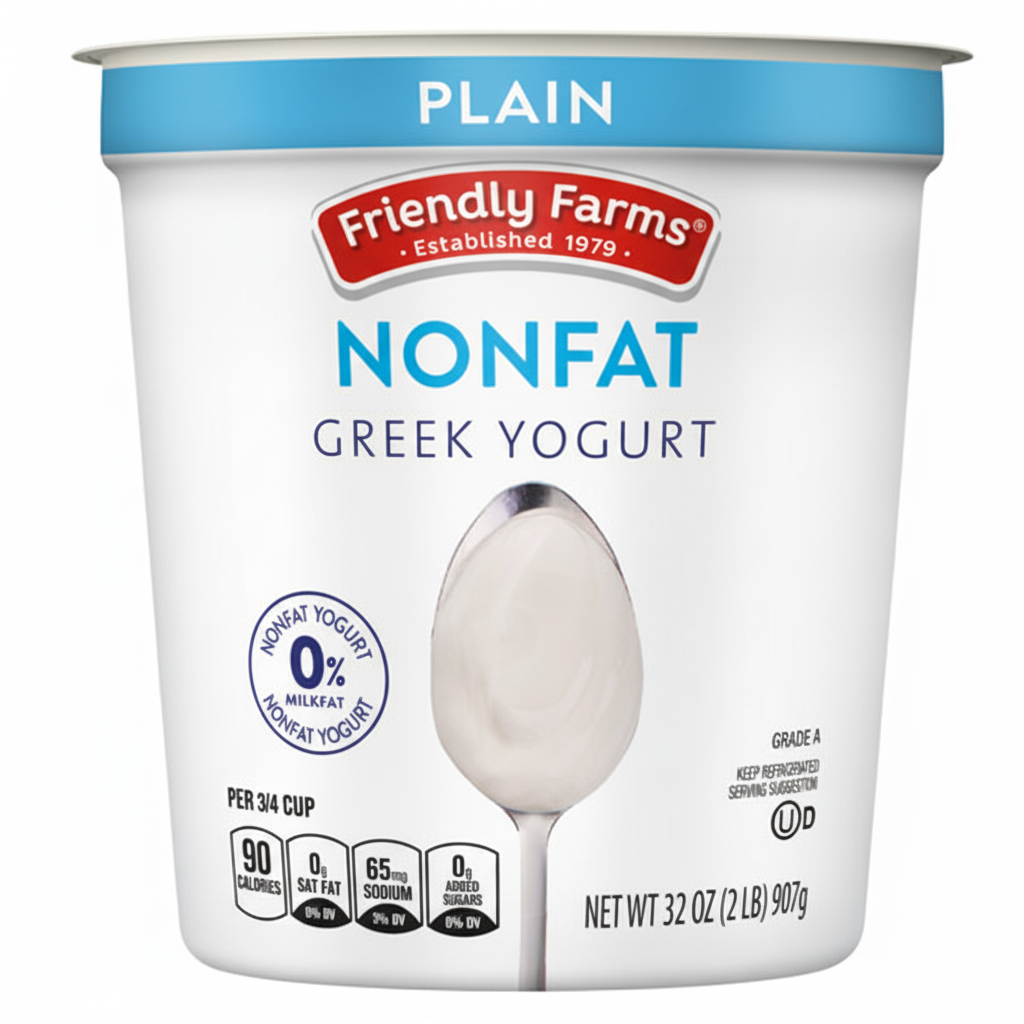 Friendly Farms Nonfat Plain Greek Yogurt 32oz white container front view with blue banner and 0% milkfat badge