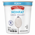 Friendly Farms Nonfat Plain Greek Yogurt 32oz white container front view with blue banner and 0% milkfat badge
