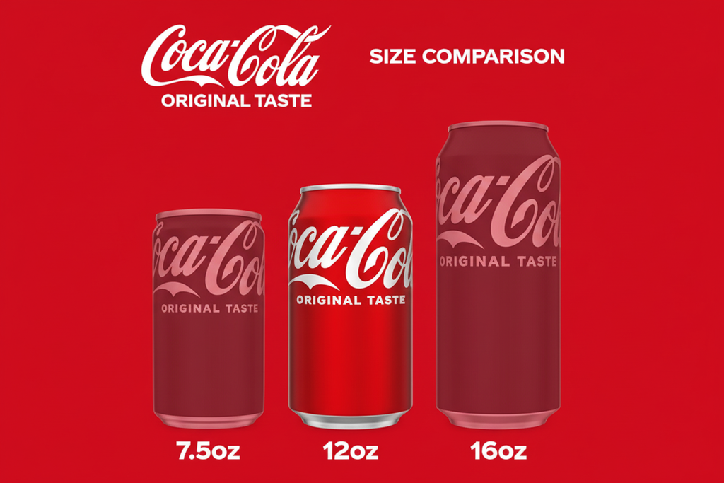 Coca-Cola size comparison - 7.5oz, 12oz, and 16oz cans