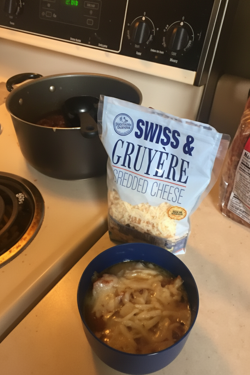 Emporium Selection Shredded Swiss and Gruyere Cheese lifestyle shot with French onion soup