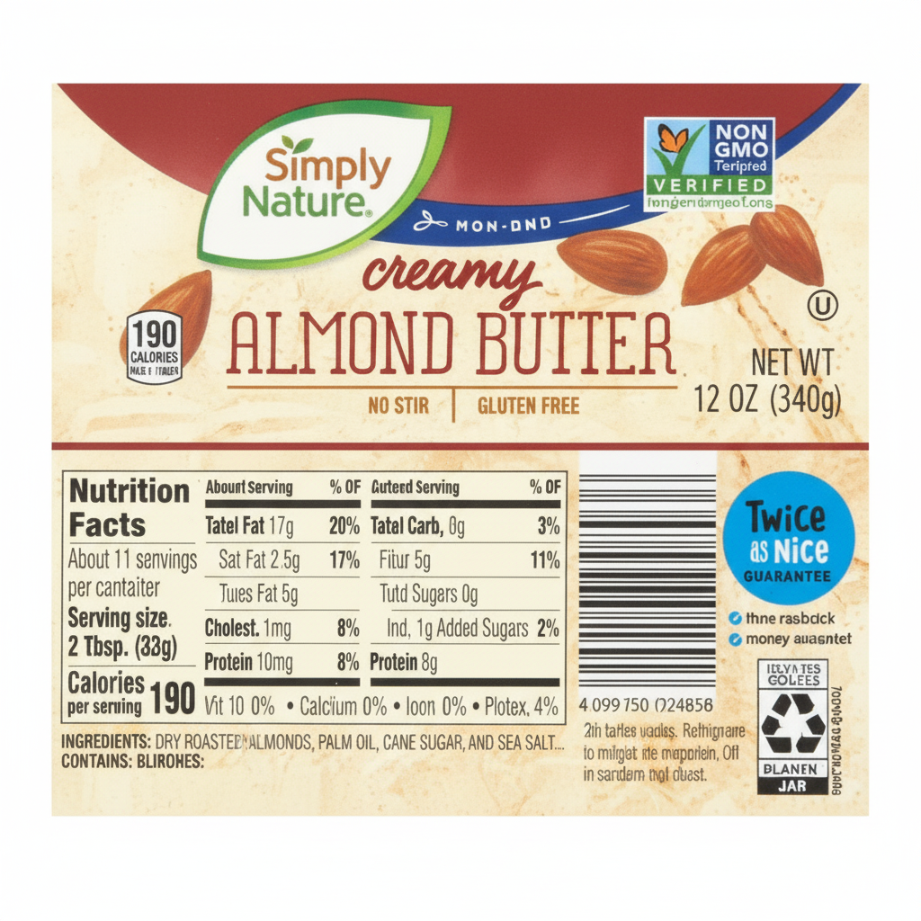 Simply Nature Creamy Almond Butter 12oz flat label with nutrition facts and Non-GMO badge