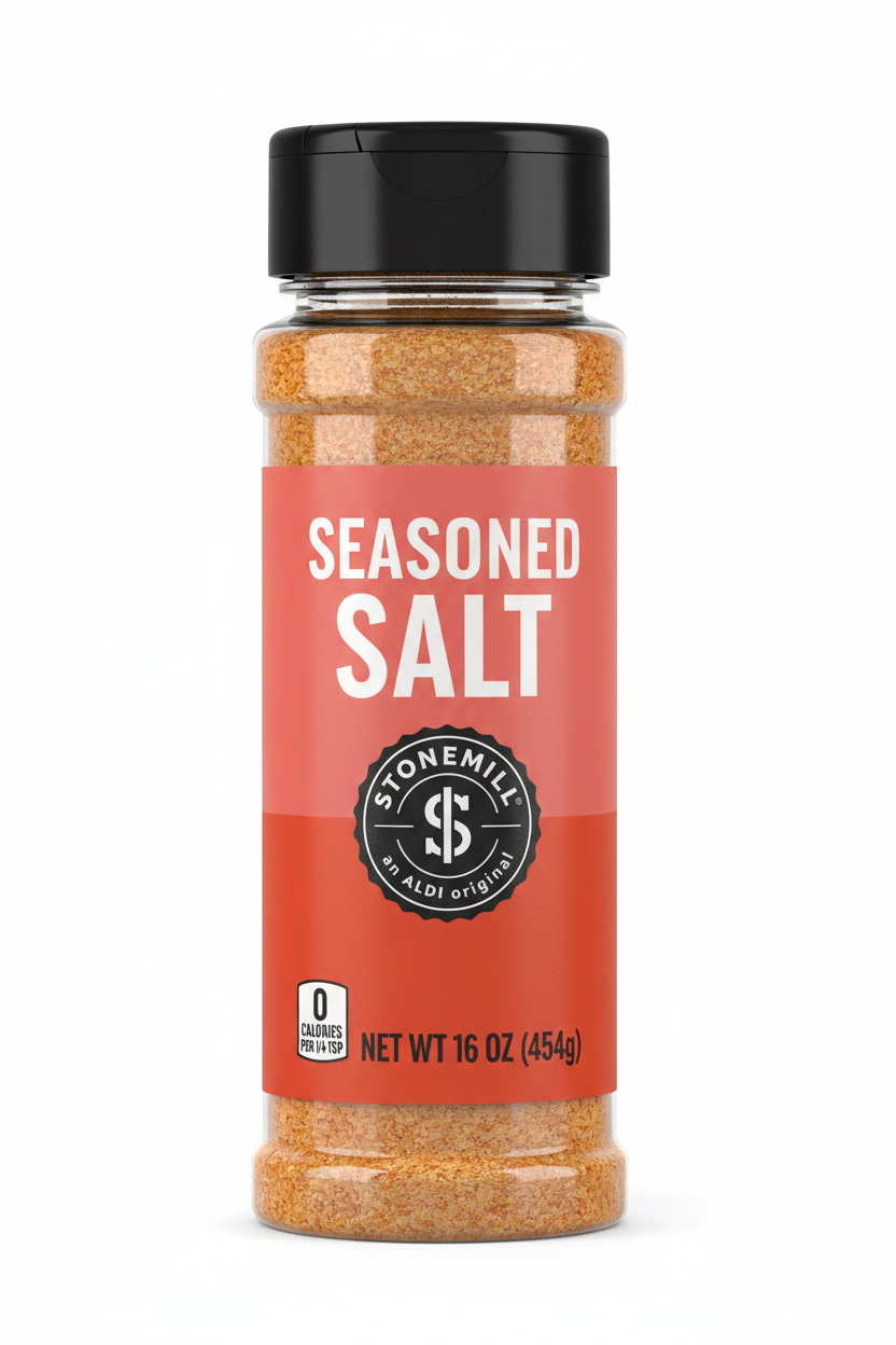 Stonemill Seasoned Salt 16 oz Large Clear Plastic Bottle Black Cap Salmon Pink Red Orange Label ALDI Original 0 Calories Per Serving