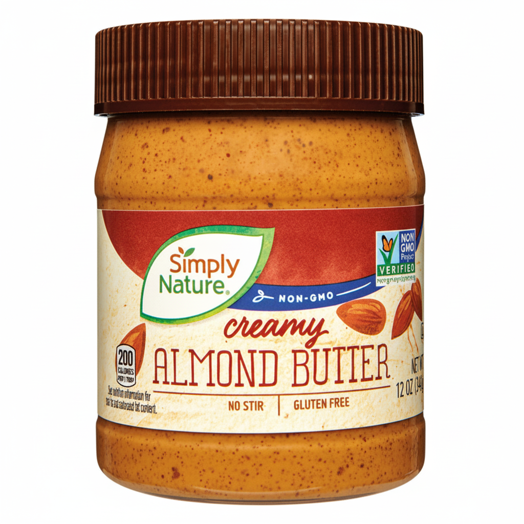 Simply Nature Creamy Almond Butter 12oz jar front view with dark brown ribbed lid and red cream label