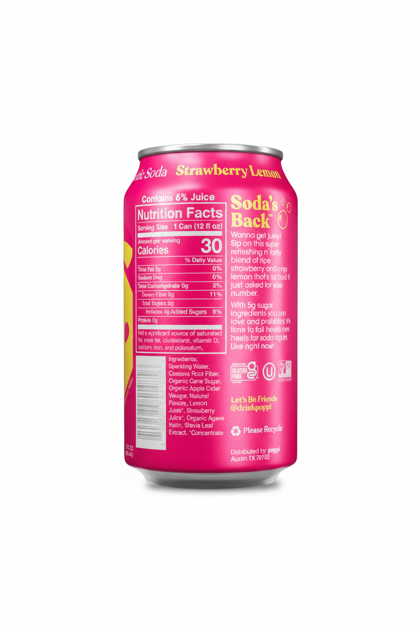 Poppi Strawberry Lemon prebiotic soda nutrition facts 30 calories 5g sugar contains 6% juice gluten free
