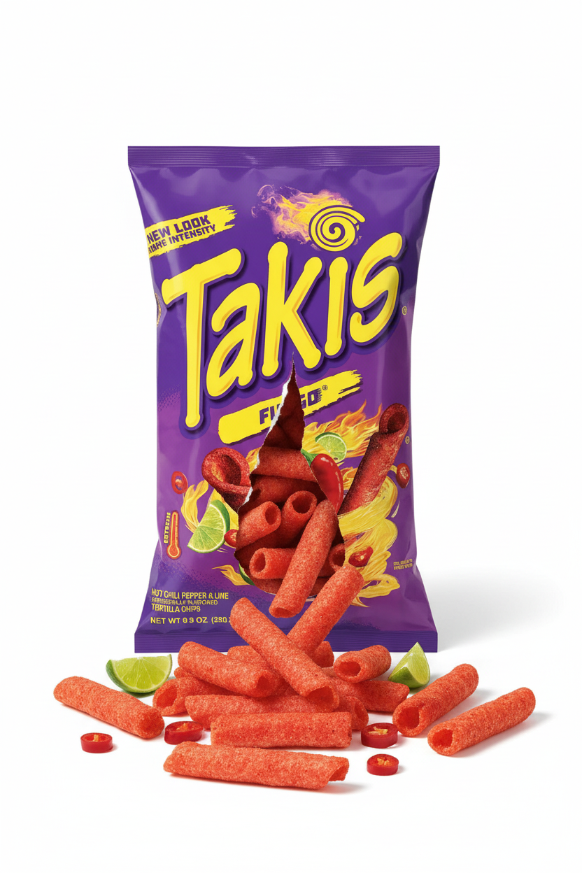 Takis Fuego Hot Chili Pepper and Lime Rolled Tortilla Chips 9.9 oz bag front