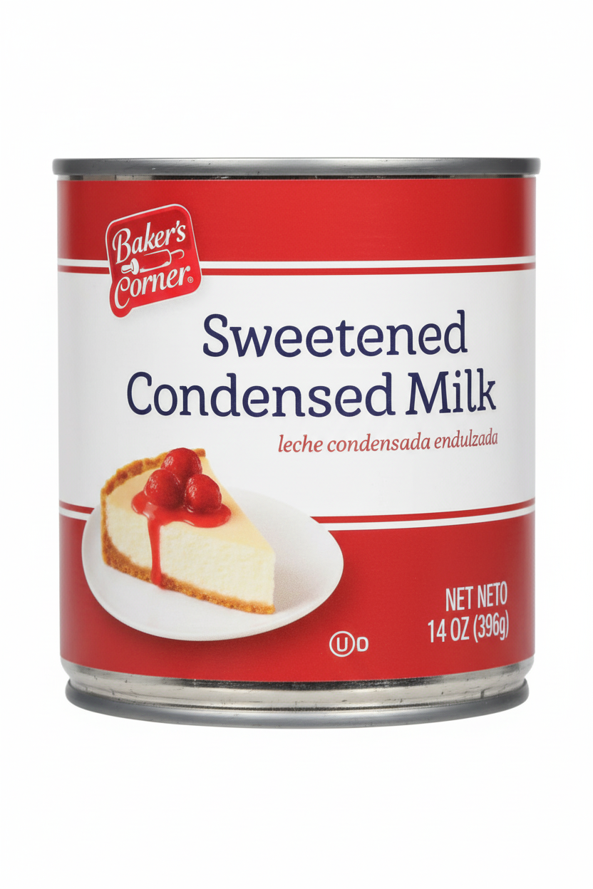 Baker's Corner Sweetened Condensed Milk 14 oz Can Front Red Banner Cheesecake Serving Suggestion