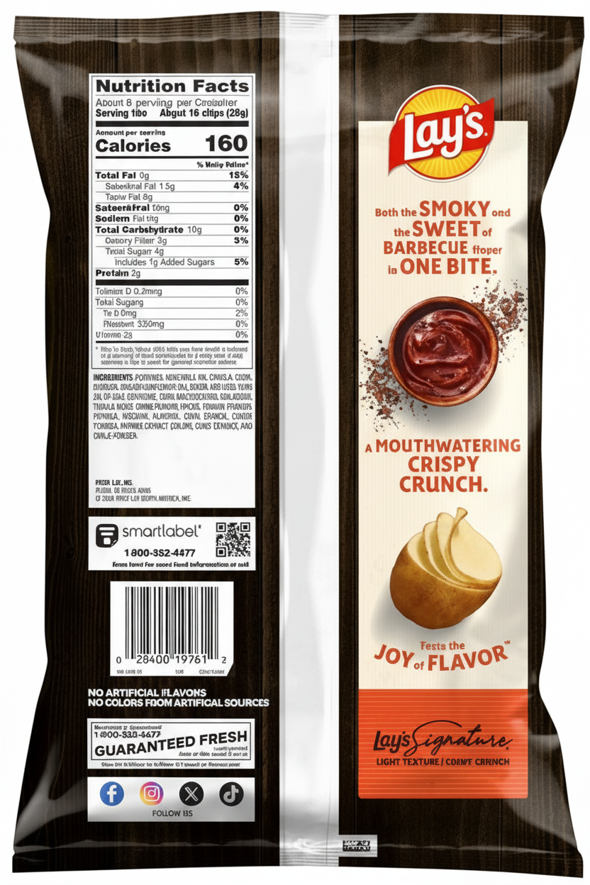 Lay's Barbecue Potato Chips bag back with nutrition facts and smoky sweet barbecue story
