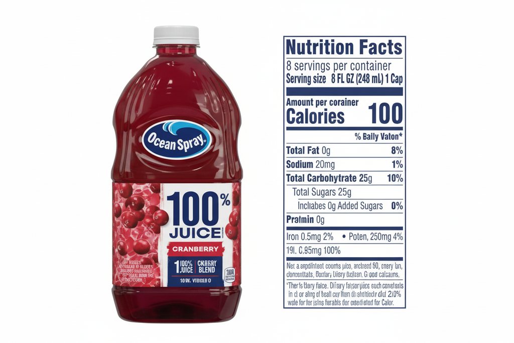 Ocean Spray 100% Cranberry Juice Blend nutrition facts 100 calories 25g sugars 0g added sugars 100% Vitamin C 8 servings