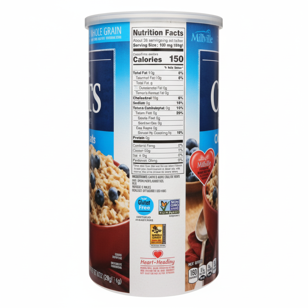 Millville Rolled Oats Old Fashioned 42oz canister back view with nutrition facts and ingredients