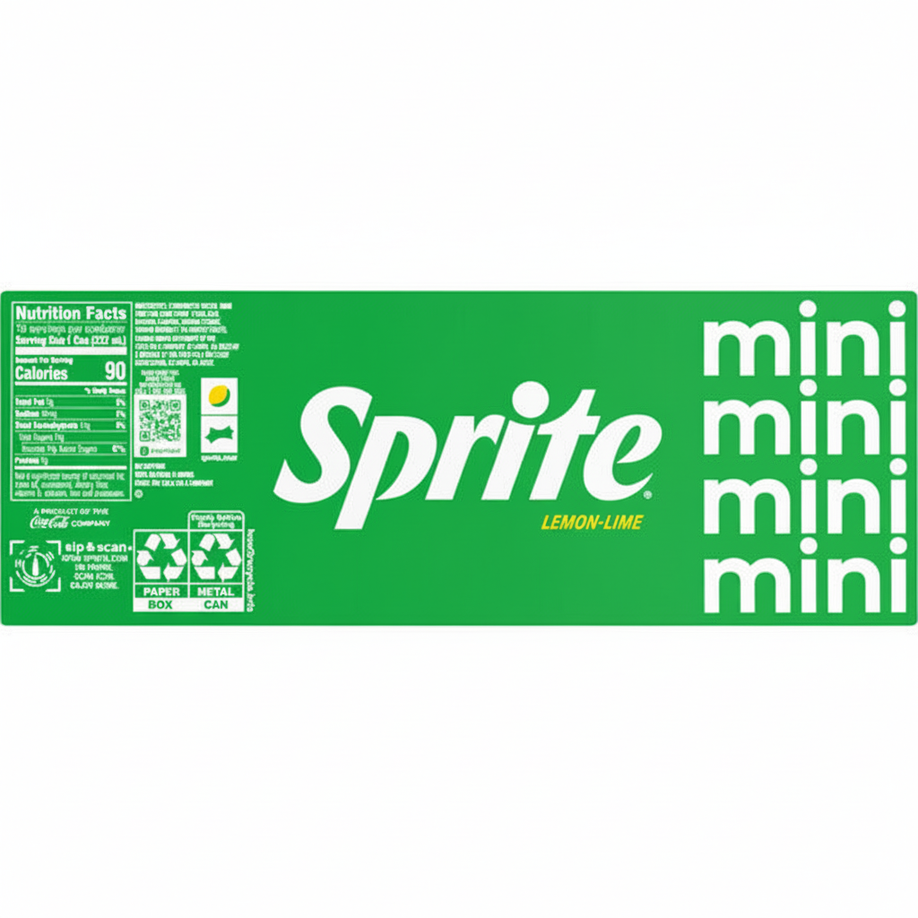 Sprite Mini Cans 10-pack box side panel with nutrition facts and ingredients