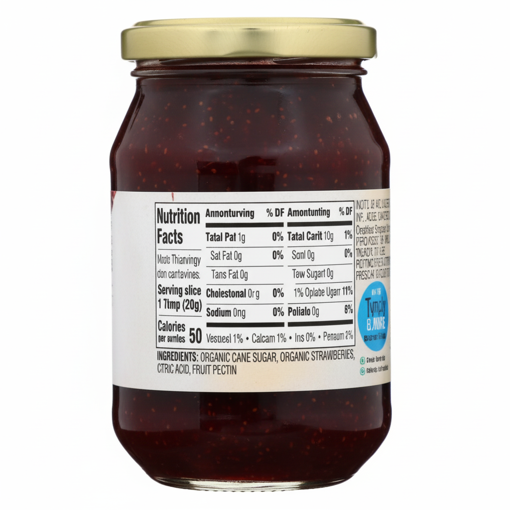 Simply Nature Organic Strawberry Preserves 11oz glass jar back view with nutrition facts and ingredients