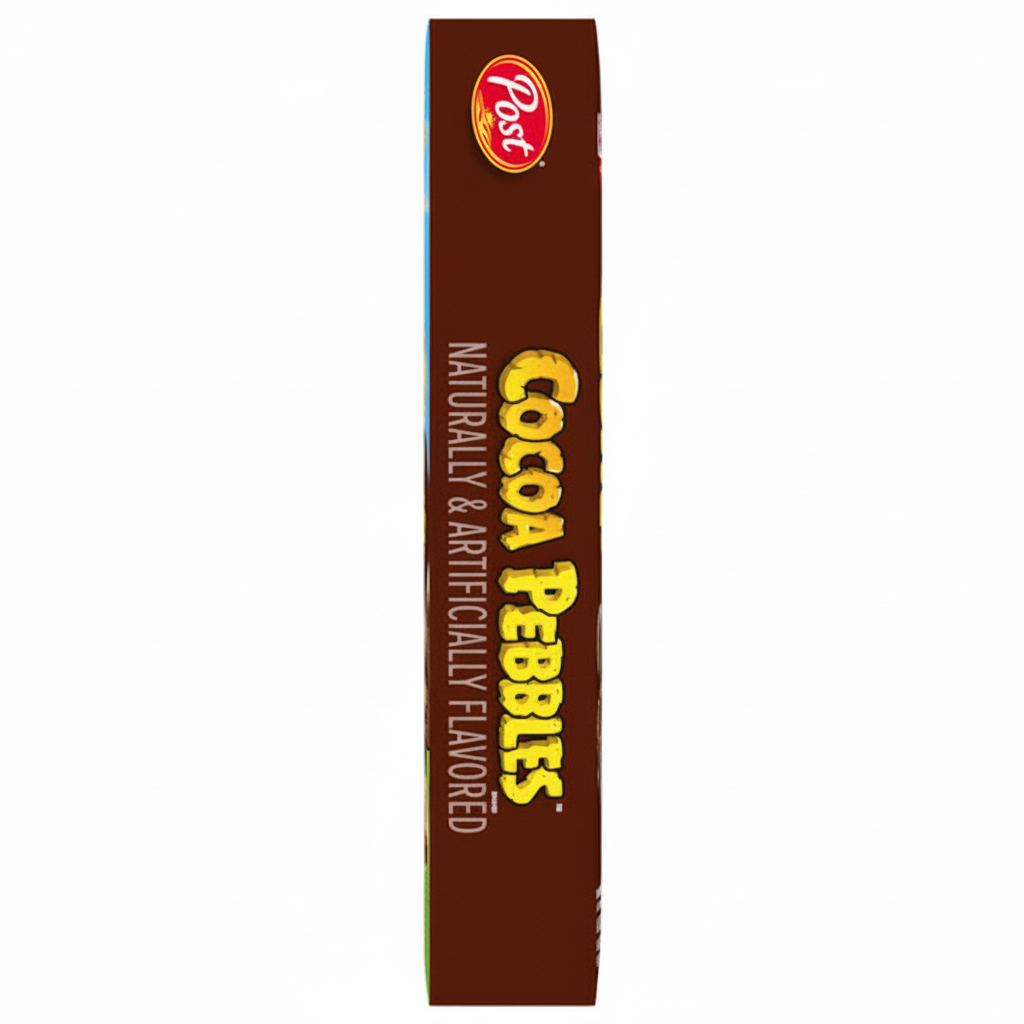 Post Cocoa Pebbles Cereal 15oz box side panel with branding