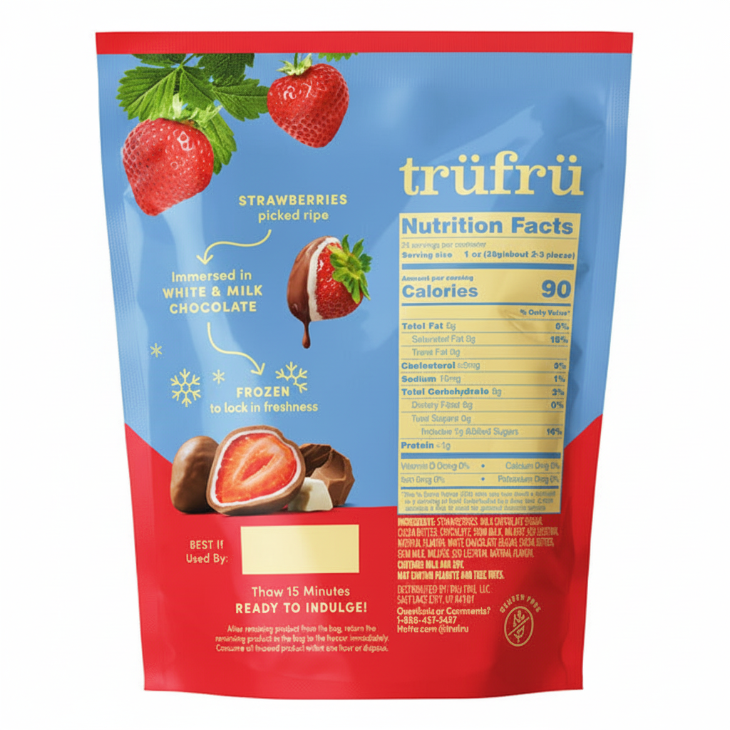 Tru Fru Milk and White Chocolate Frozen Strawberries back label with nutrition facts and ingredients