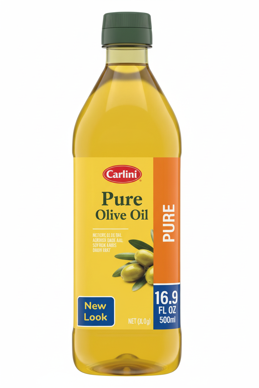 Carlini Pure Olive Oil 16.9 fl oz Clear Plastic Bottle New Look Yellow Label Green Olives Orange Banner