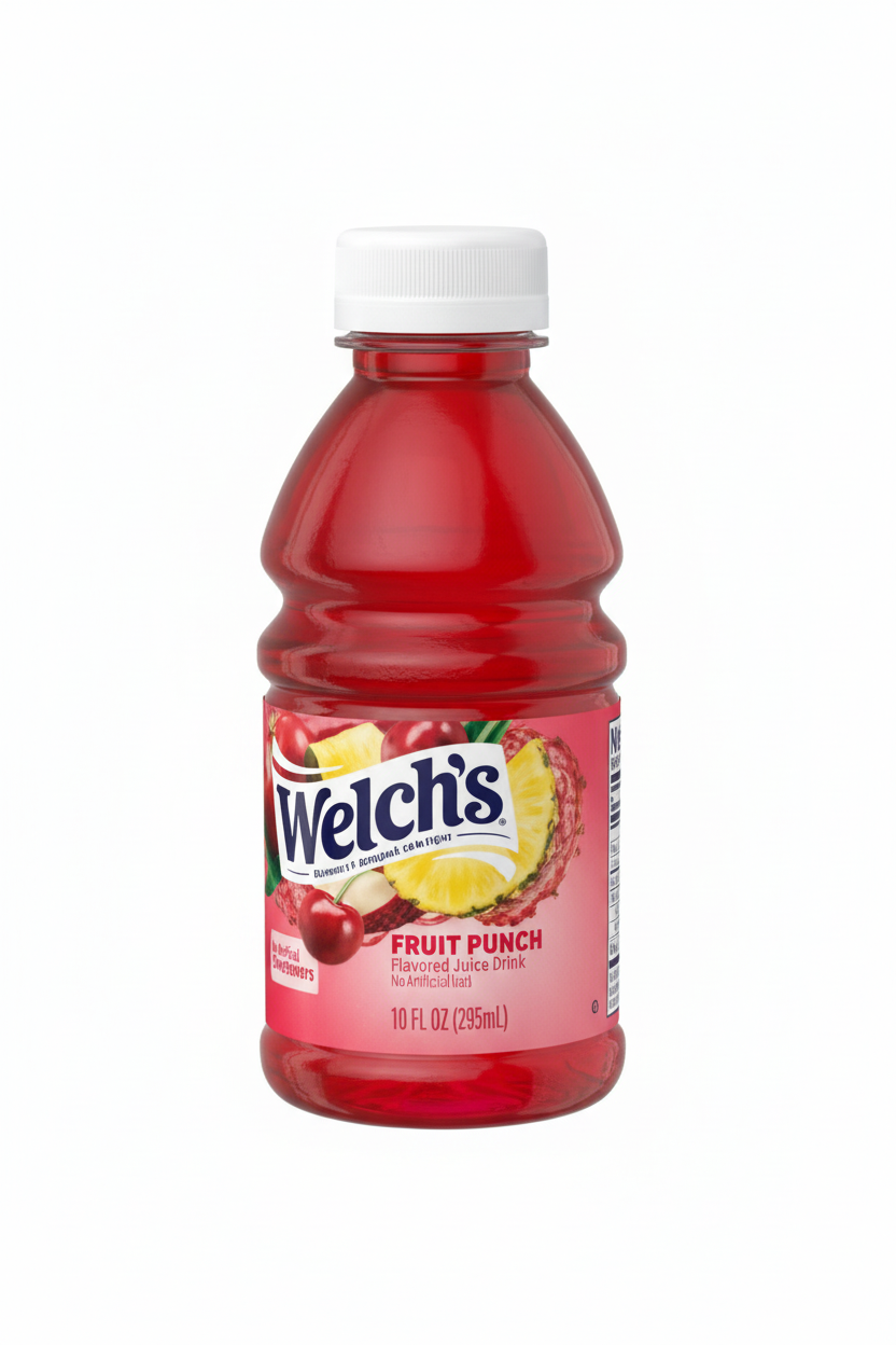Welch's Fruit Punch flavored juice drink 10 fl oz clear bottle deep red juice white cap Family Farmer Owned