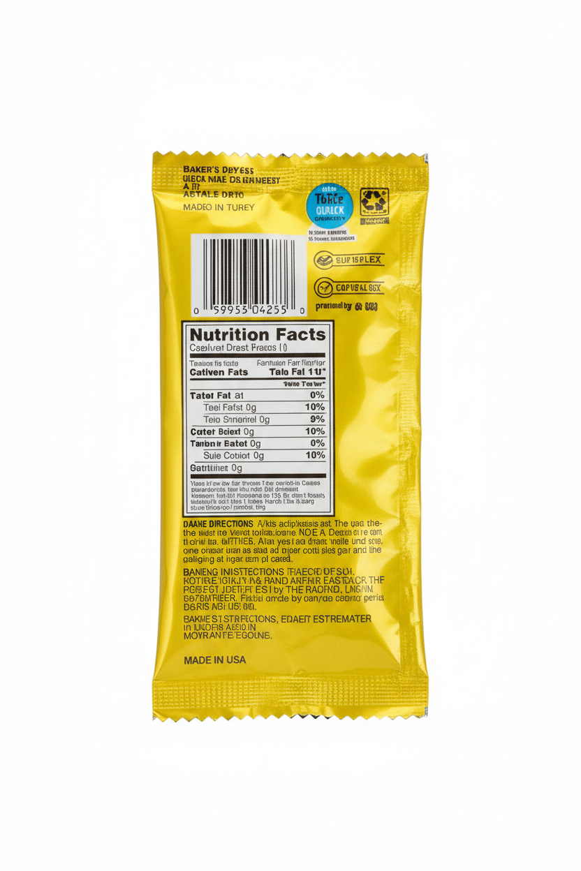 Baker's Corner Active Dry Yeast Single Packet Back Panel Nutrition Facts Usage Instructions