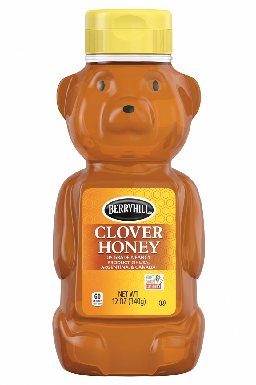 Berryhill Clover Honey Bear 12 oz Amber Bear Shaped Bottle US Grade A Fancy 60 Calories