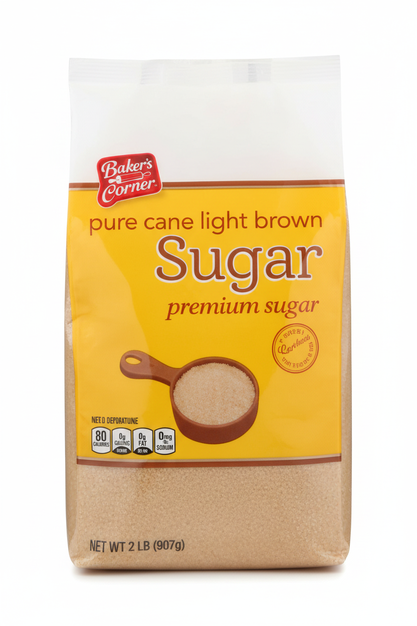 Baker's Corner Pure Cane Light Brown Sugar 32 oz Golden Yellow Bag Front Premium Sugar