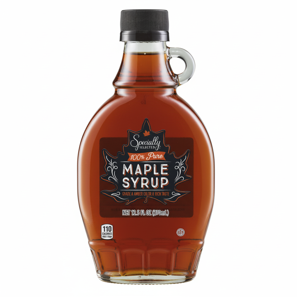 Specially Selected 100% Pure Maple Syrup 12.5 fl oz glass bottle front view with dark maple leaf label and amber syrup
