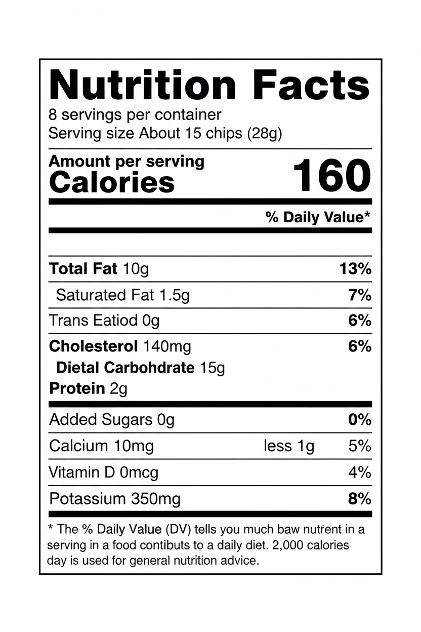 Lay's Classic Potato Chips nutrition facts label 160 calories per serving