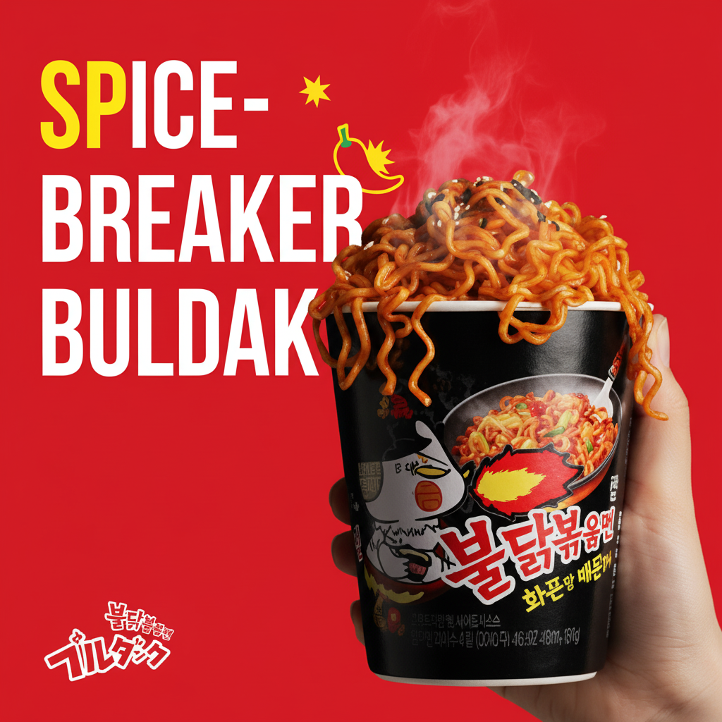 Samyang Buldak Hot Chicken Ramen spice-breaker lifestyle shot cup noodle red background 불닭볶음면