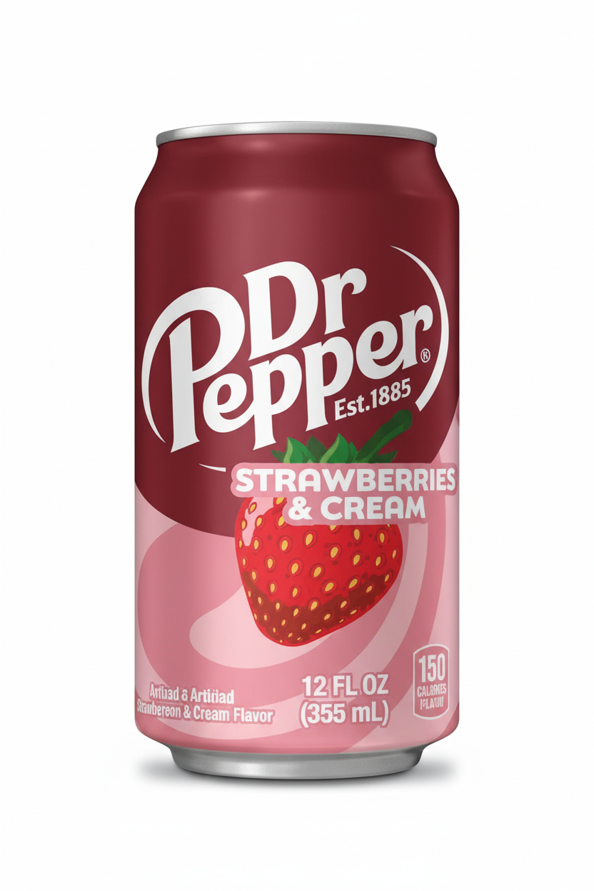 Dr Pepper Strawberries and Cream soda single can 12 fl oz Est.1885 maroon and pink strawberry graphic