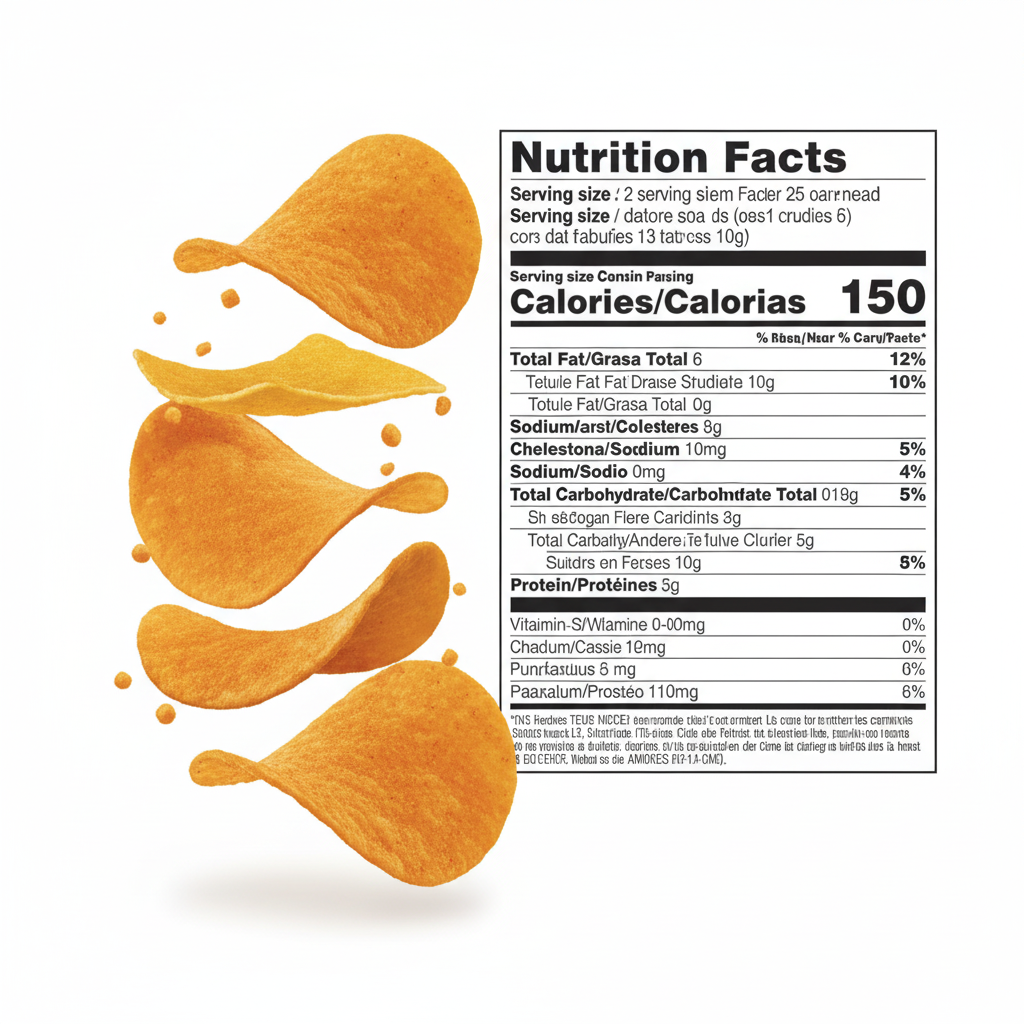 Pringles Cheddar Cheese nutrition facts panel with golden chips displayed