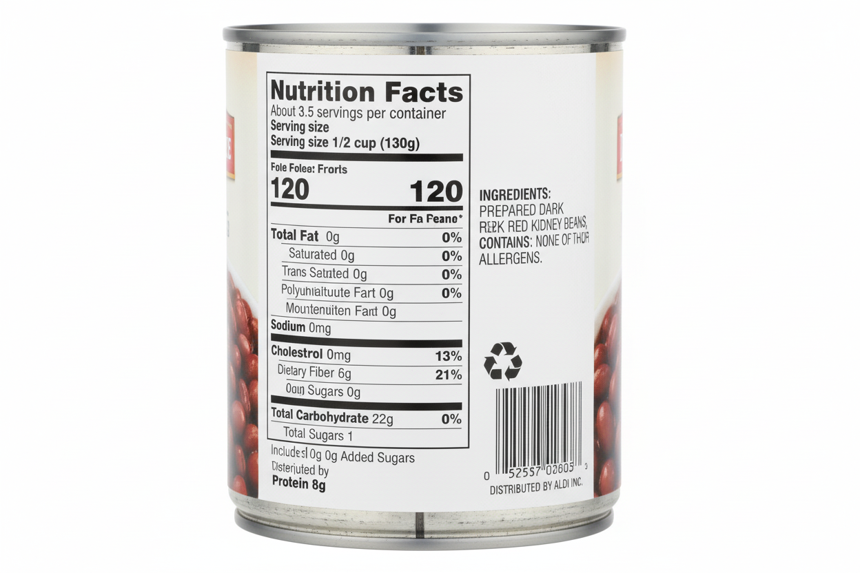 Dakota's Pride Dark Red Kidney Beans 15.5 oz Can Back Label Nutrition Facts 120 Calories 8g Protein 6g Dietary Fiber