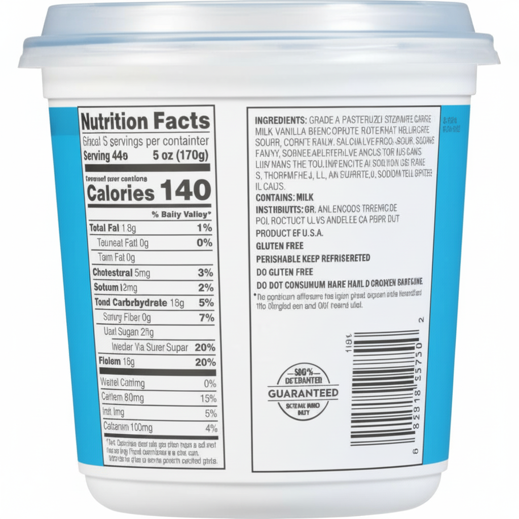 Friendly Farms Nonfat Plain Greek Yogurt 32oz container back view with nutrition facts and guaranteed seal