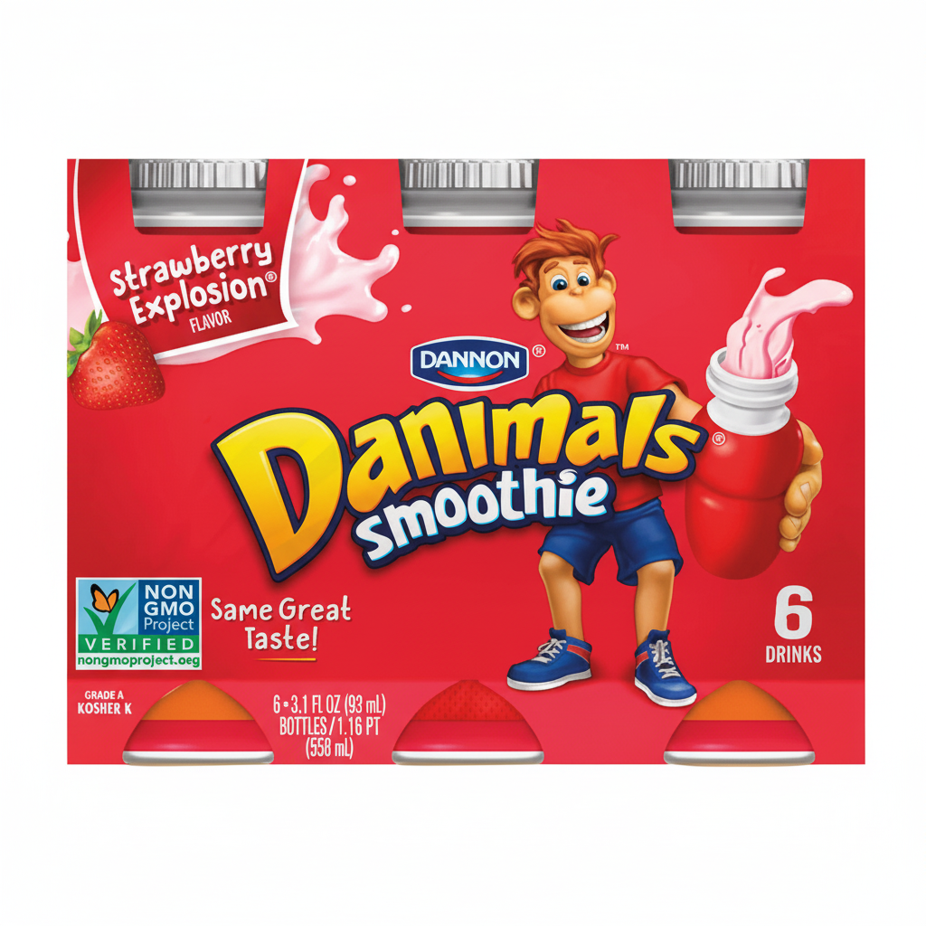 Dannon Danimals Strawberry Explosion Smoothie 6-pack 18.6 fl oz red multipack with animated monkey character and Non-GMO badge