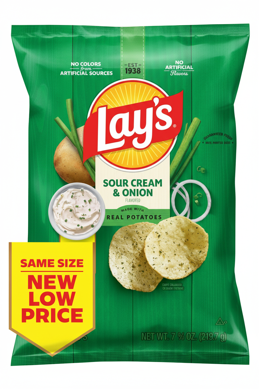 Lay's Sour Cream and Onion Flavored Potato Chips 7.75 oz bag front with real potatoes and no artificial flavors badges