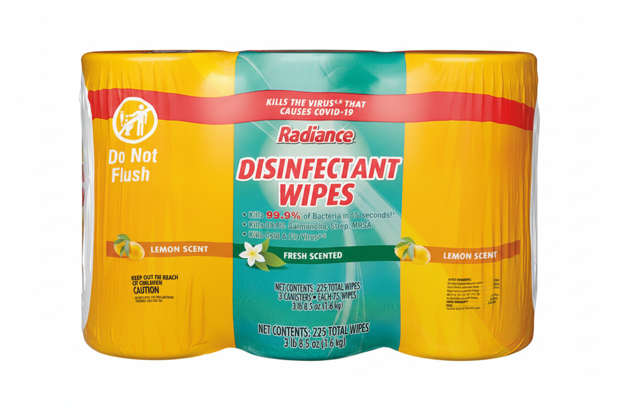 Radiance Lemon Scented Disinfectant Wipes 3-Pack 225 Total Wipes Kills 99.9% Bacteria COVID-19 Virus