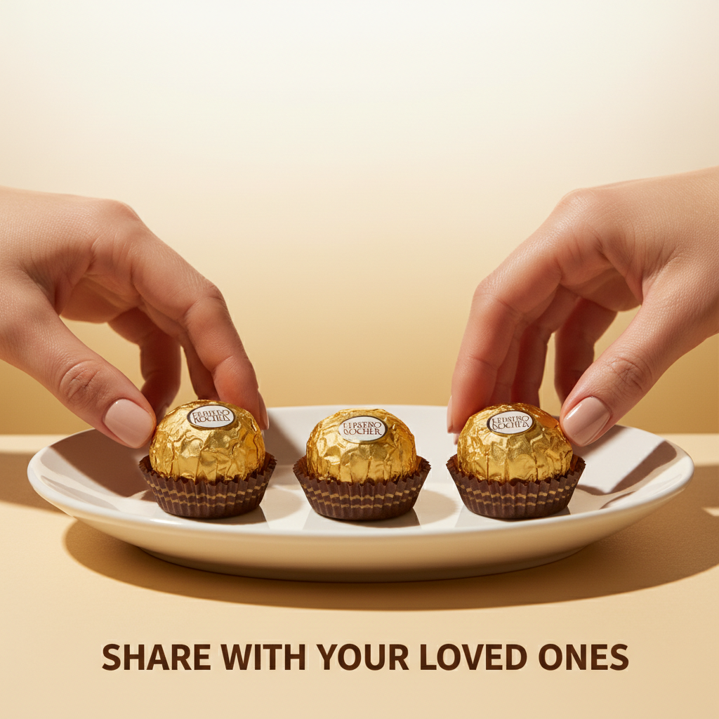 Ferrero Rocher Fine Hazelnut Milk Chocolates share with your loved ones three chocolates on white ceramic plate hands reaching