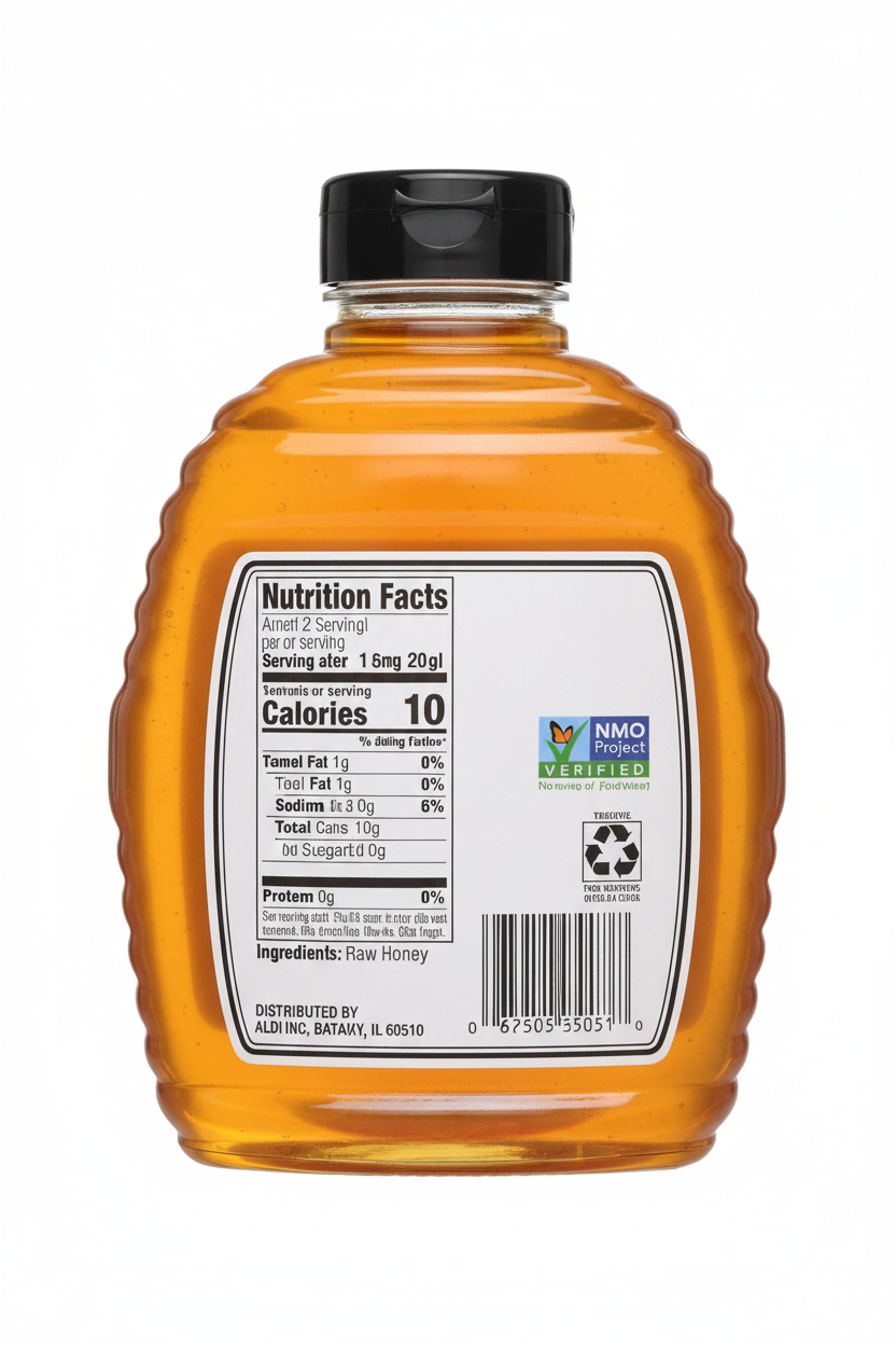 Specially Selected Raw Honey 24 oz Back Label Nutrition Facts 60 Calories Non-GMO Project Verified