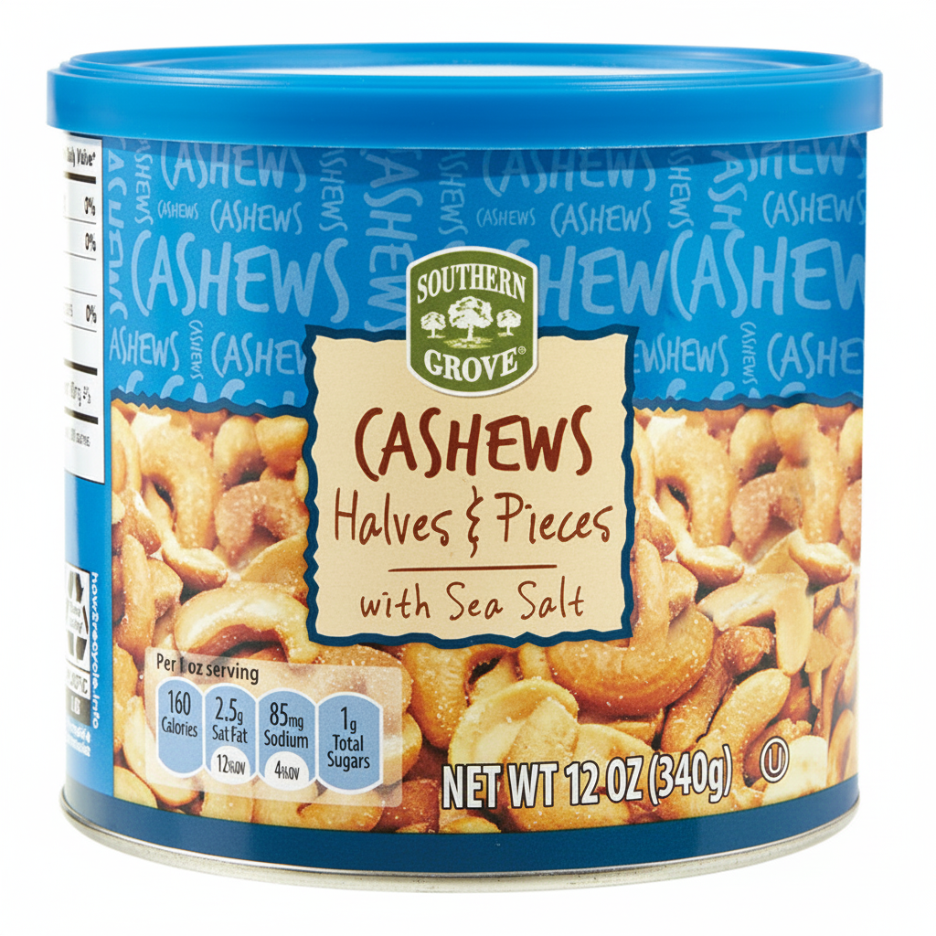 Southern Grove Cashews Halves and Pieces with Sea Salt 12oz - Front Canister