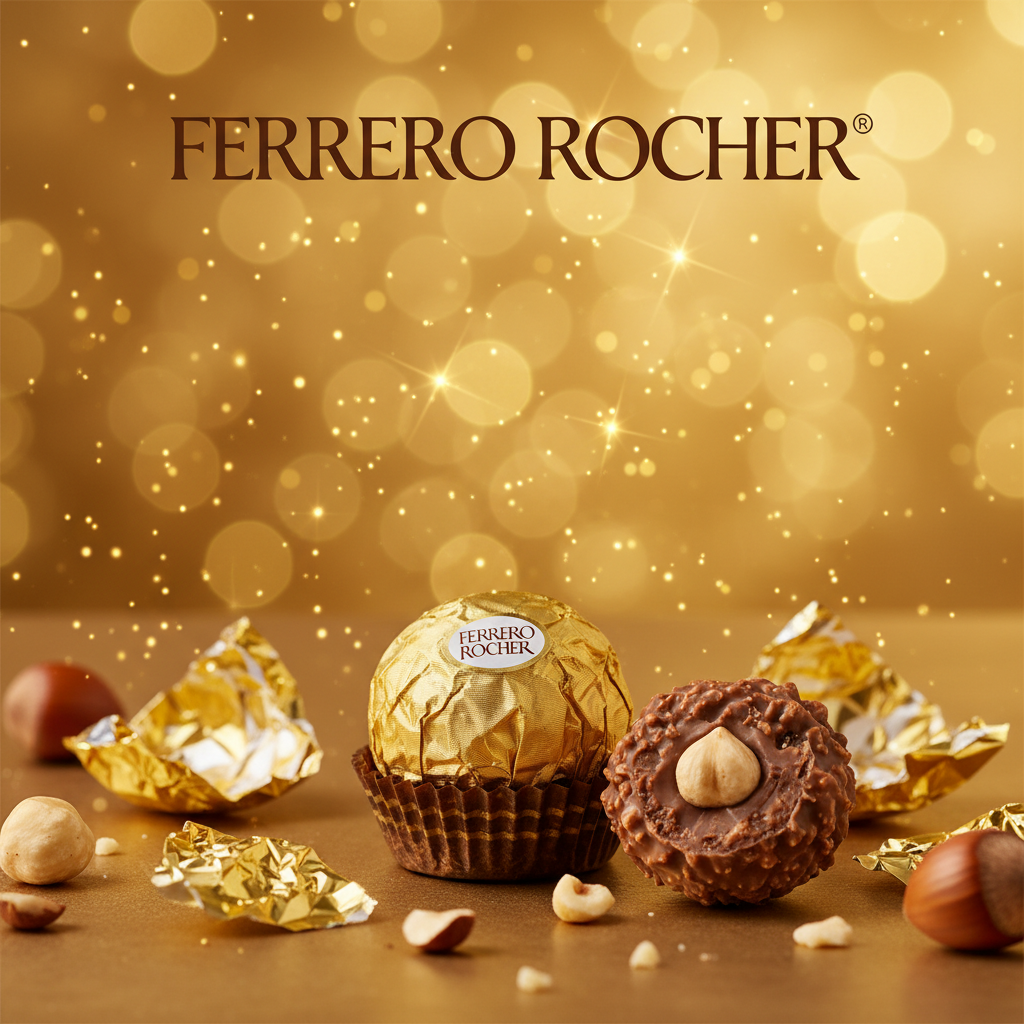 Ferrero Rocher Fine Hazelnut Milk Chocolates luxury lifestyle golden bokeh background unwrapped and gold foil wrapped chocolates with hazelnuts