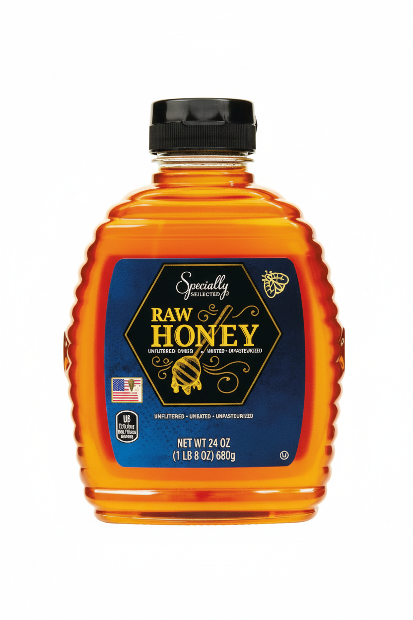 Specially Selected Raw Honey 24 oz Clear Glass Bottle Navy Hexagonal Label Unfiltered Unheated Unpasteurized