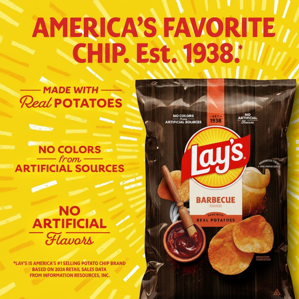 Lay's Barbecue America's Favorite Chip Est 1938 advertising lifestyle image on yellow sunburst background