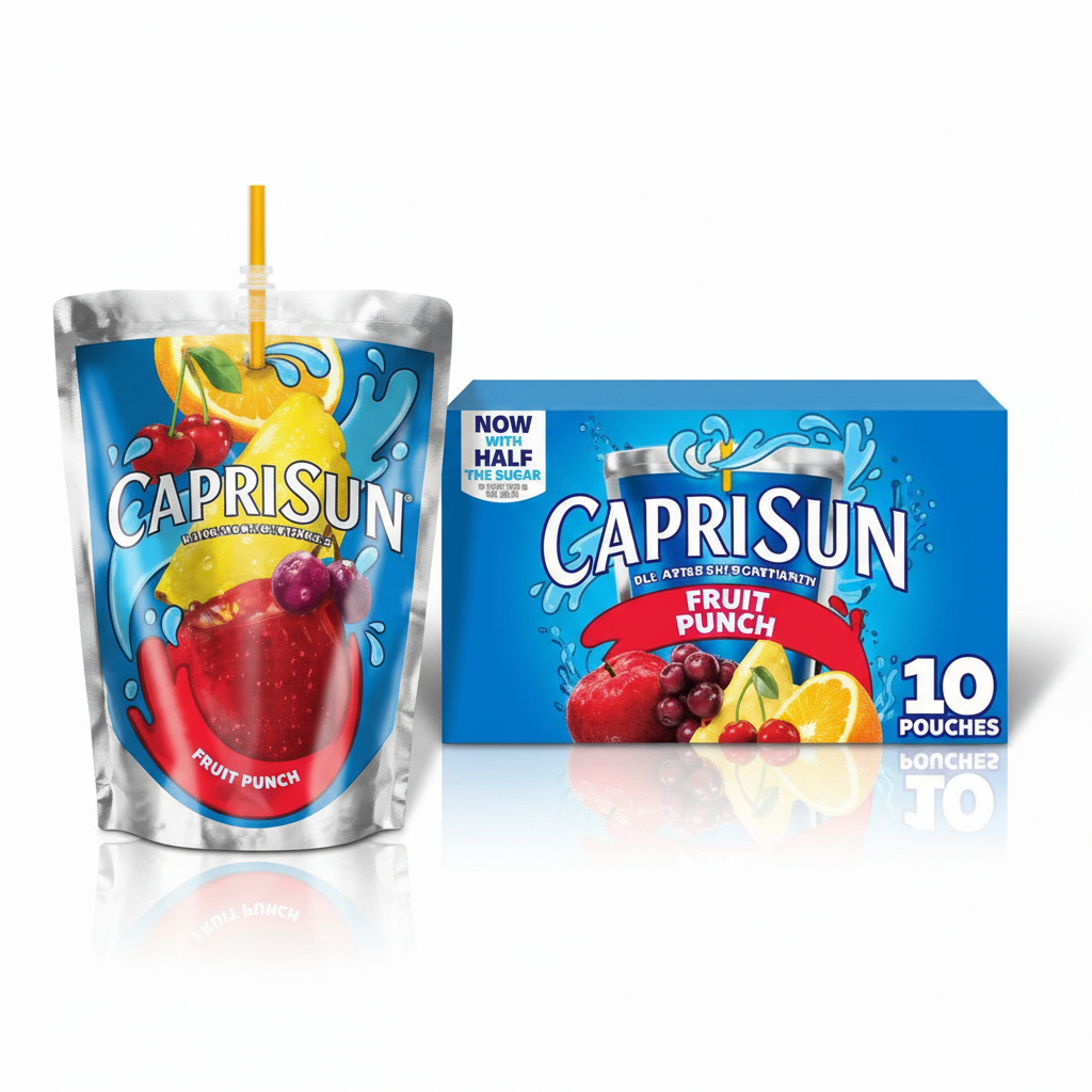 Capri Sun Fruit Punch single silver pouch with straw next to 10-pack box