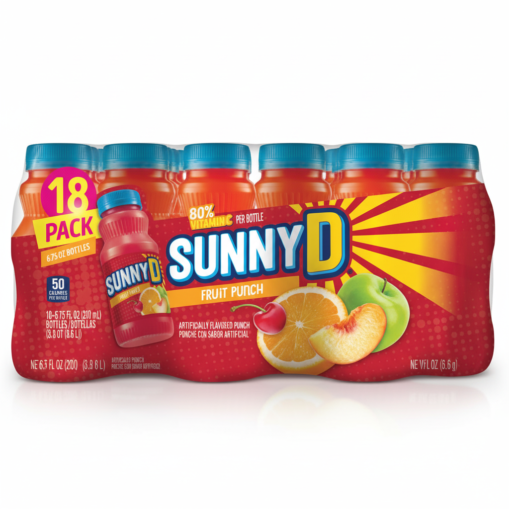SunnyD Fruit Punch 18-pack 6.75 fl oz bottles 80% Vitamin C 50 calories artificially flavored punch 3.2 QT